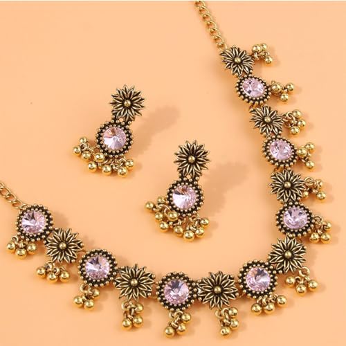 Frodete Indian Jewelry Sets for Women Traditional Bohemian Wedding Jewelry Set Indian Dresses for Women Oxidized Ethnic Party Prom Wear - color: A3:pink indian necklace earring sets