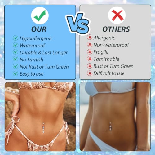 GAGABODY G23 Titanium Dangly Belly Button Ring Long Belly Rings Belly Piercing Jewelry 14G 3/8 inch 10mm Navel Barbell CZ Navel Piercing Ring - color: Style3:Silver+Dangle Round Shape Clear CZ