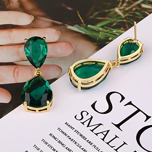 Teardrop Crystal Drop Earrings for Women, 14K Gold Plated Large Double Teardrop Dangle Earrings,Rhinestone Earrings for Wedding Prom Bridesmaid Party,Emerald/Red/Blue/Black/Pink/White Statement Earrings - color: Jade Green