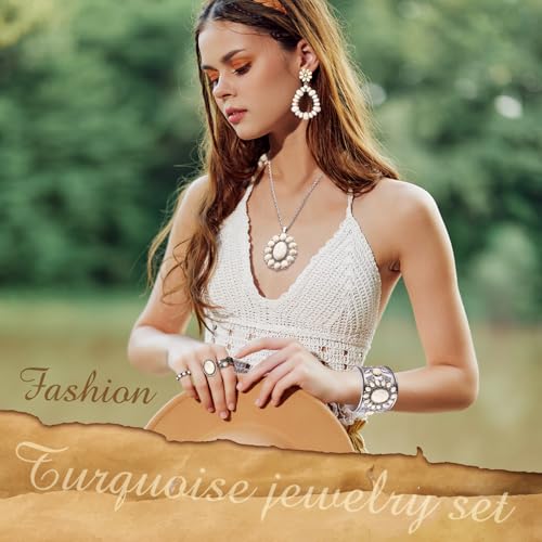Ecally Bohemian Western Jewelry Turquoise Set Women Country Pendant Long Choker Layered Bracelets Earrings Ring for Women - color: White, style: Lovely
