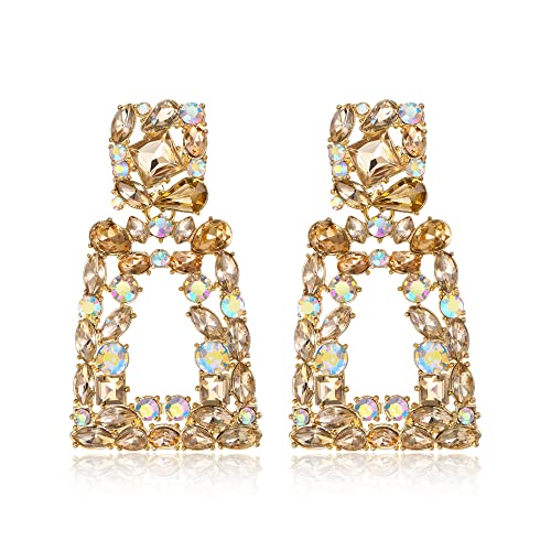 Flyonce Rectangle Clip-on Drop Earrings for Women, Sparkly Rhinestone Crystal Geometric Statement Non Pierced Earring Wedding Prom Party Jewelry for Brides Bridesmaid - color: Brown Gold-Tone