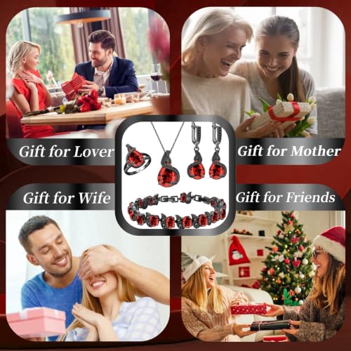 Jewelry Set for Women Teardrop Earrings Necklace Ring Bracelet Set Party Wedding Jewelry Gift for Mother Wife Friend - color: Black Gun-Garnet