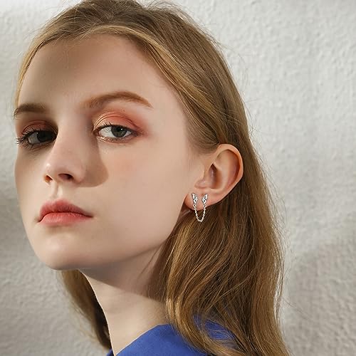 Cute Tiny Butterfly CZ Double Piercing Huggie Small Stud With Short Chain 925 Sterling Silver Cuff Wrap Earrings for Women Cartilage Two Holes Animal Dangle Drop Hypoallergenic - color: Silver