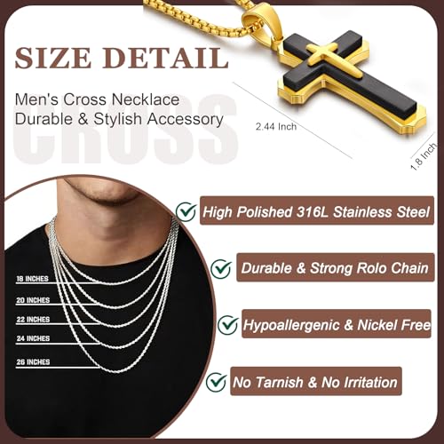Men's Cross Necklace 316L Stainless Steel Large Heavy Cross Pendant for Men Polished Jewelry Rolo Chain with 22'' 24'' 26'' - color: G-Black and Gold-Tone, size: 22 inch