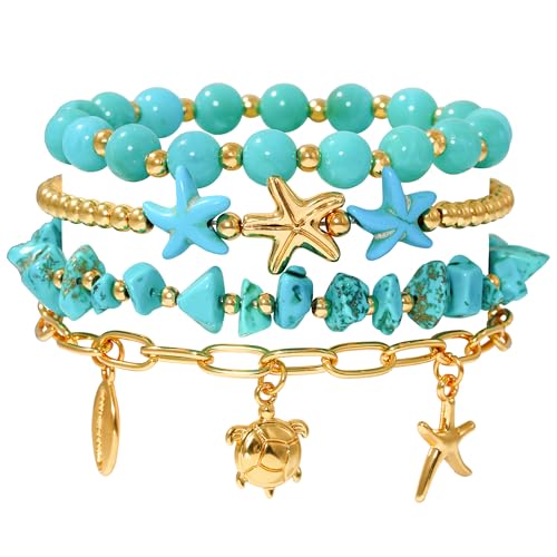 LALAPPLE Shell Bracelet Boho Beaded Stretch Bracelets for Women Seashell Strand Bracelets Starfish Charm Jewelry Summer Beach Jewelry Stackable Crystal Gold Plated Beads Bracelet for Women - style: T-Style5