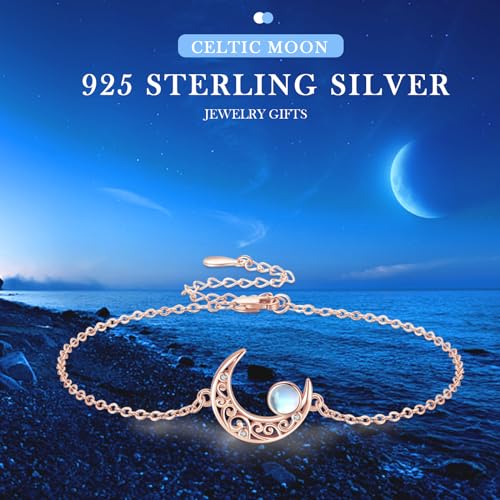 Moon Bracelet for Women 925 Sterling Silver Moonstone/Birthstone Moon Bracelet Butterfly/Dragonfly Bracelet Celtic Moon Butterfly Dragonfly Jewelry Gifts for Women - style: Moonstone-Rose Gold Plated