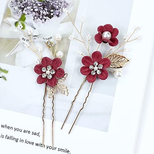 Cinaci 18 Pieces Bridal Wedding Party Prom Pearl Rhinestone Burgundy Flower Hair Side Combs Slides+U-shaped Flower Hair Pins+Twist Spiral Hairpins Floral Headpieces for Brides Bridesmaids Women Girls - color: Burgundy