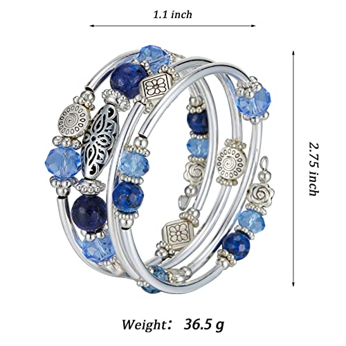FULU AUTUMN Stackable Beaded Bracelets for Women Boho Wrap Silver Bracelet Layered Fashion Jewelry Gifts for Her - color: Sapphire