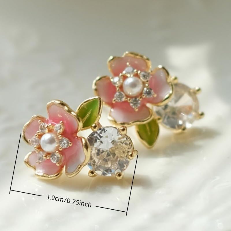 Exquisite Zircon Colorful Enamel Whimsical Floral Stud Earrings for Women Banquet Party Earrings Jewelry Gifts - color: gold