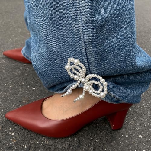 Faux Pearls Bow Pin Ankle Chain Pants Clip Decorations for Jeans Trousers Elegant Adjustable Cuff Accessories