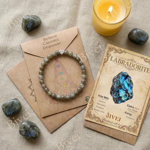 Bivei Crystal Stretch 6mm Bracelets for Women | Handmade Natural Stone Beaded Stretch Bracelet, Stainless Steel Heart Bead, Tranquility Yoga Gift Jewelry for Women - color: Labradorite - Protective