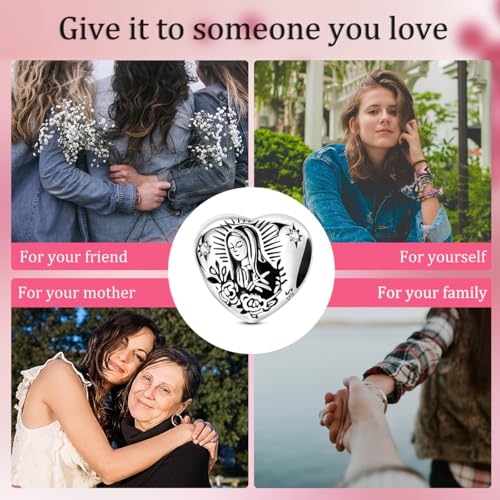 Hapour 925 Sterling Silver Charm for Bracelet Necklace Women Pendant Beads | Virgin Mary Charm, Religious Cross Heart Dragon European Jewelry Mom Charm - color: Silver Madonna of Mercy Heart-shaped