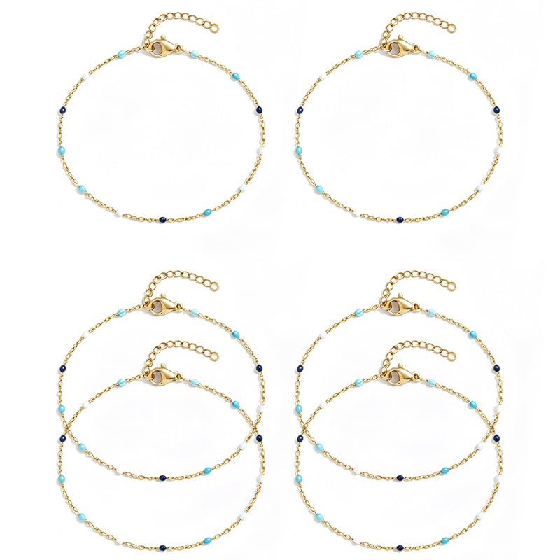 6 PCS Enamel Beaded Chains Bracelet Stainless Steel Link Bracelets | 6.7"+1.18", With Extender Chain, Fashion Jewelry Set, Gift For Women, Colorful, No Fade - color: 3 Blue Whtie Gold