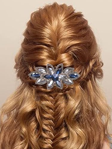 Floral Rhinestone Hairpin Luxury Crystal Flower Hair Barrette Clip (Gray-Blue) - color: Gray-Blue