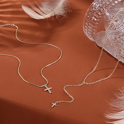 Dochais Dainty Gold Layered Necklace for Women, 14K Gold Plated Y Necklace & Chain, Dainty Lariat Long Necklaces, Trendy Cubic Zirconia Choker, Sun, Heart, Pearl & Cross Pendant Necklace, Jewelry Gift - color: Y Layered Cross Pendant Lariat-GD