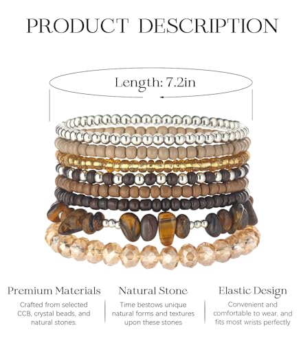 Noessla Boho Beaded Bracelets for Women Stackable Irregular Natural Stone Bead Stretch Bracelet Set 8PCS Costume Jewelry Gifts for Her - color: Brown