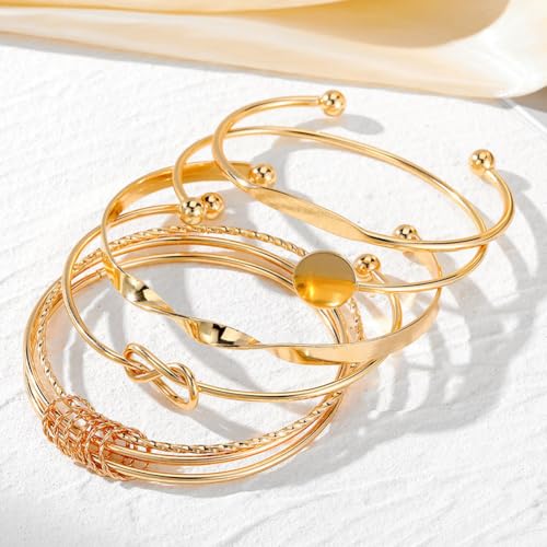 CHICUTIE Gold Bangles Bracelets For Women, 14k Gold Plated Stackable Open Cuff Bracelet Set Charms Trendy Lightweight Elegance Minimalist Textured Boho Jewelry Gift for Women - style: Gold 3