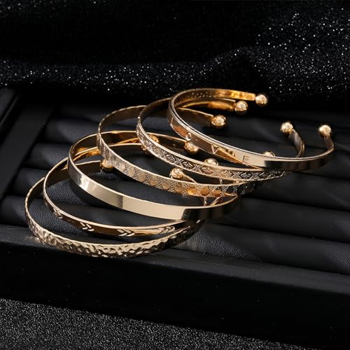 IFKM Gold Bangle Bracelets For Women, 14k Gold Plated Multi Layer Stackable Cuff Bracelet Set, Trendy Elegance Charms Non Tarnish Minimalist Textured Boho Jewelry Gift for Women - style: 6pcs Love