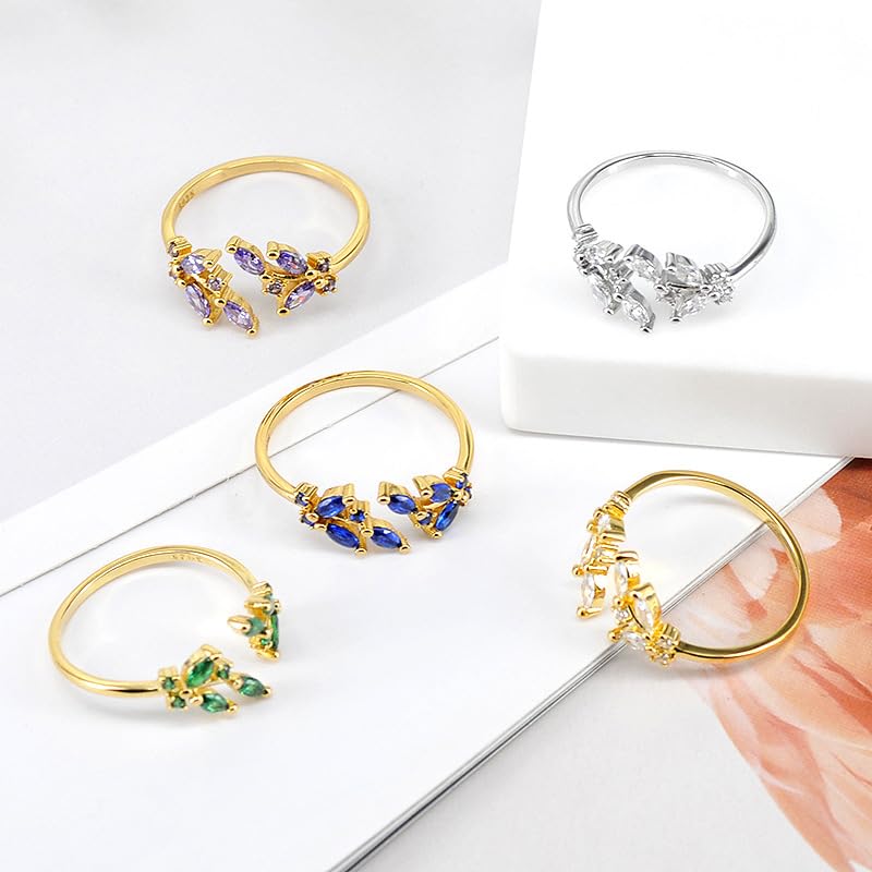 Gold Rings Non Tarnish Silver Adjustable Rings for Women Cubic Zirconia Leaf Ring Dainty Silver Stackable Ring for Women - style: gold