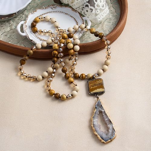 Yomisa Long Necklaces for Women Trendy, 33/34/35 inch | Boho Beaded Necklaces for Women, Natural Stone Pendant, Handmade Knotted Bead, Bohemian Holiday Summer Western Charm Jewelry - color: 34inch-Fossil