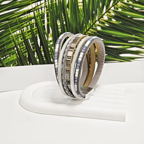 ZMANYIJEW Leather Wrap Bracelets for Women,Boho Cuff Bracelets Multi-Layer Crystal Beads Cuff Bracelet Multilayered Leopard Leather Braided Bangle Wrist Cuff Bangles - style: grey