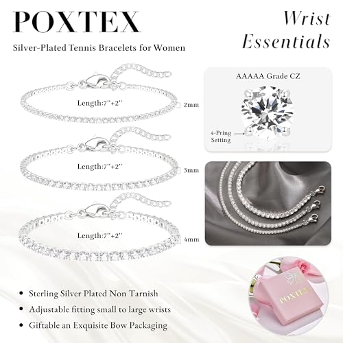 925 Sterling Silver Bracelets for Women Stack, Trendy Tennis Bangle Cuff Jewelry Set 14K Gold Plated, Adjustable Bracelet Set for Wrist Essentials, Women Fashion Watch Band Acecessories - style: Bracelet_3pcs(Silver Tennis Set)