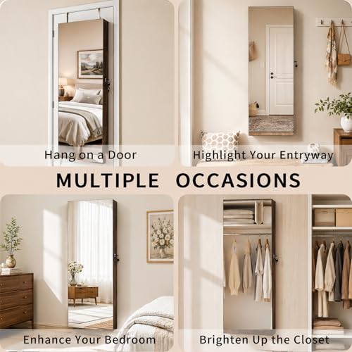 Lockable Jewelry Cabinet Organizer with Full Length Mirror, 6 Auto LED Lights, Wall & Over Door Mount Jewelry Armoire with Earring Slots, Necklace Hooks, Foldable Makeup Shelf - color: Brown