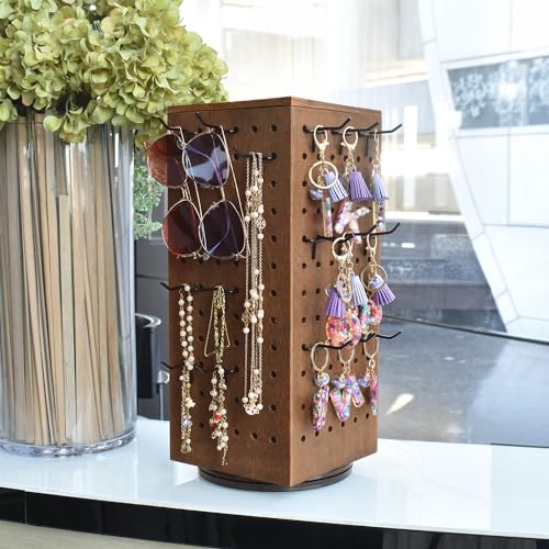 MOOCA Rotating Wooden Jewelry Display with 48 Hooks, Brown | Four-sided rotating wood pegboard with 48 removable hooks and lidded inner storage displays jewelry and accessories. - color: Brown, Square