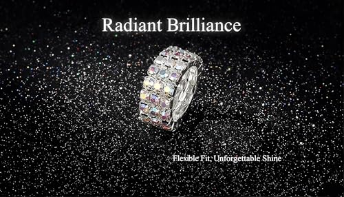 Sparkling Rhinestone Ring Set Trendy Elastic Rhinestone Crystal Stretch Ring Stackable Jewelry for Women Girls - color: 3 Rows Ring-Colorful A