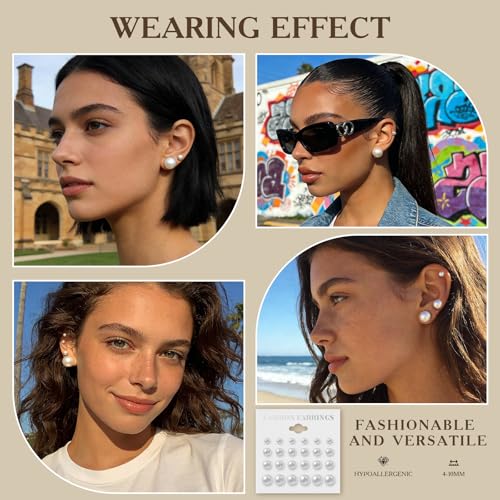 12 Pairs Pearl Stud Earrings for Women | White Pearl CZ Ball Hypoallergenic Earrings, Bridal Simulated Pearl Rhinestone Pearls Stud Earrings Jewelry Set for Wedding - color: White