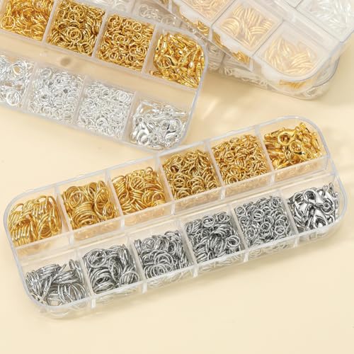 1200 Pcs Silver and Gold Open Jump Rings Jewelry Making O Rings and Metal Lobster Claw Clasps Necklace Bracelet Repair Kit Clasps and Closures Findings with Pliers Tweezers and Storage Box