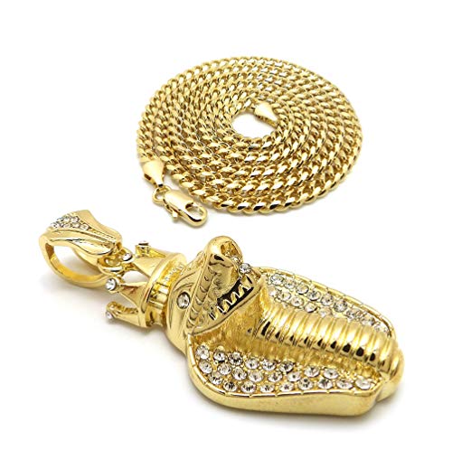 Fashion 21 Unisex Iced Out King Crowned Cobra Snake Pendant 24" Various Chain Necklace in Gold, Silver Tone - color: Gold / 3mm 24" Cuban Chain