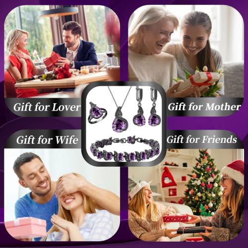 Jewelry Set for Women Teardrop Earrings Necklace Ring Bracelet Set Party Wedding Jewelry Gift for Mother Wife Friend - color: Black Gun-Purple