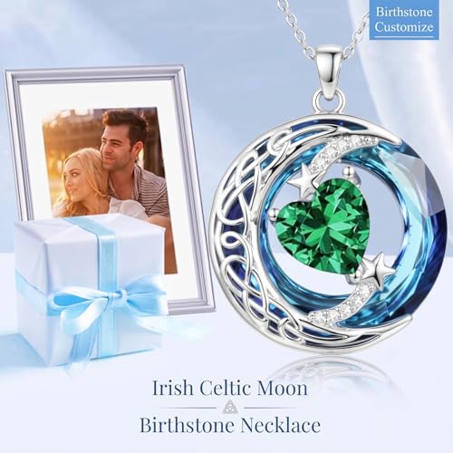 Birthstone Necklace for Women Crystal Moon and Star Pendant White Gold Celtic Moon Jewelry Birthday Graduation Gifts for Wife Her - style: Moon-5