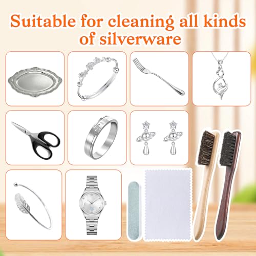 4 Pcs Horsehair Silver Cleaning Brush Set with Polishing Cloth and Polishing File, for Silverware Plateware Jewelry Cleaner