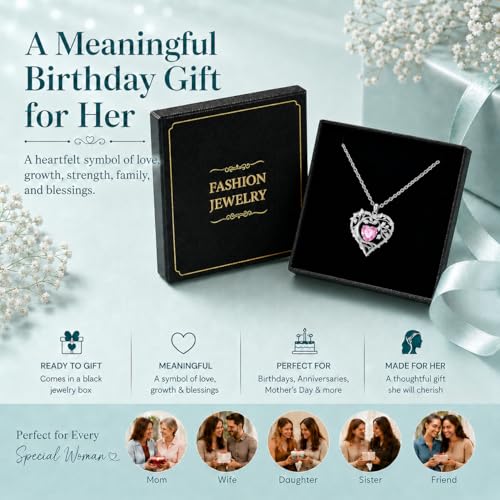 Gamtic Tree of Life Birthstone Pendant Necklace - Heart Cubic Zirconia Diamond Necklace Birth Month Necklaces Birthday Gift for Her Wife Mom Daughter Grandma Girlfriend Anniversary Jewelry Gift - style: October