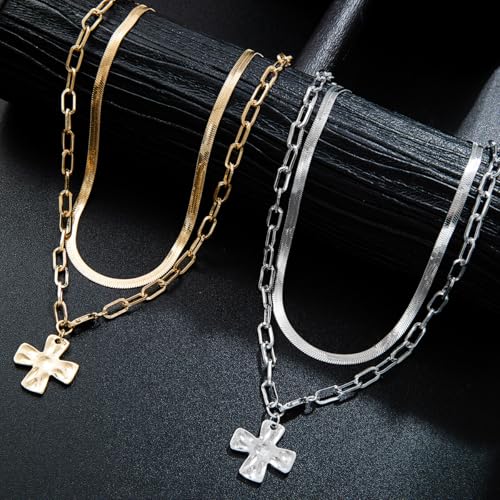 Chunky Cross Necklace for Women,Gold Silver Layered Hammered Cross Pendant Necklace Statement Paperclip Toggle Charm Chain Herringbone Snake Choker Christian Jewelry Outfit Accessories - color: BGold Set