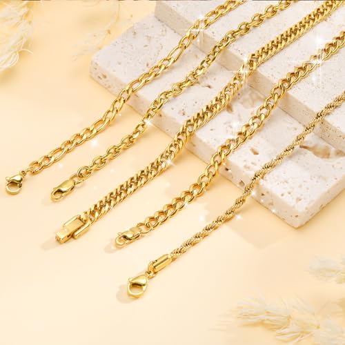 VNOX 5/7 Pcs Chain Bracelet for Men Women - Sturdy Stainless Steel Curb Width Cuban Link Chain Bracelet Set for Men Women,6.5/7/7.4/8.2/9 Inches - style: Gold Plated Link 1