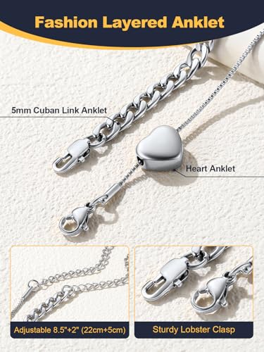 U7 2Pcs/3Pcs Ankle Bracelets for Women, Stainless Steel Cuban Link/Figaro/Rope/Heart Chain Anklets Sets,Waterproof Layered Anklets Adjustable 8.5"-10.5" - color: 02. 2Pcs Style B-Stainless Steel