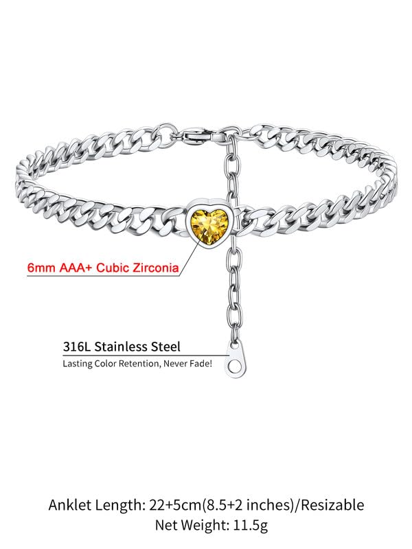 ChainsHouse Cuban Chain Anklets for Women with Heart Birthstone Jan - Dec | Stainless Steel Black Link Chain Ankle Bracelet with Birthstone, Beach Women Anklet 22cm-27cm Adjustable, with Gift Box - color: 11. Nov.-Topaz-Steel