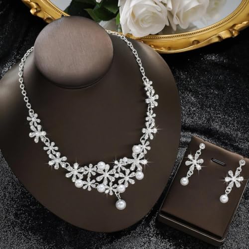 Dainty Faux Pearl Crystal Rhinestone Pendant Necklace Drop Earrings Set for Women,Sparkling Statement Necklace Earrings Romantic Wedding Bridal Jewelry Set