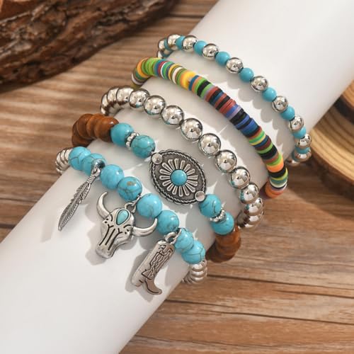 LOTSOF Western Turquoise Beaded Bracelet, Chic Stack Beaded Western Style for Country Concerts, Cowgirl Outfits & Boho Jewelry - color: Bull Head Style 5PCS