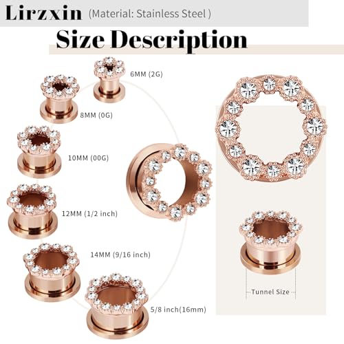 Tunnels Gauges, 2PCS Stainless Steel Tunnel Set Hollow Flower with Round Cubic Zirconia Screw Back Ear Gauges Plugs Tunnels 2G - 5/8 inch Ear Piercing Jewelry - color: Rose Gold, size: 00G(10mm)