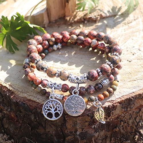 YGLINE Tree of Life Yoga Healing Stone Bracelets,Multilayer Lotus Chakra Stone Reiki Bracelet Sets,Anxiety Crystal Natural Stone,for Women Stress Relief - color: Leopard Skin Jasper-3w