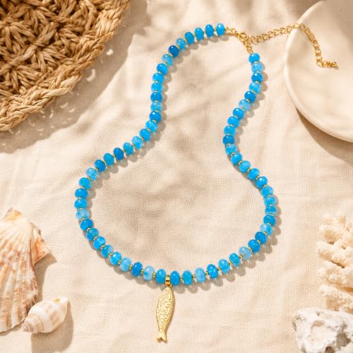 YUJIE Dainty Fish Pendant Necklace for Women 14k Gold Plated Ocean Fish Charm Necklace Summer - color: blue bead fish