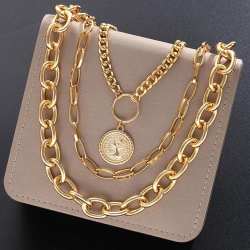 Gold Chunky Layered Coin Necklaces for Women Trendy Cuban Link Paperclip Chains Necklace Stack Coin Pendant Necklace Set Jewelry Gifts - color: Gold