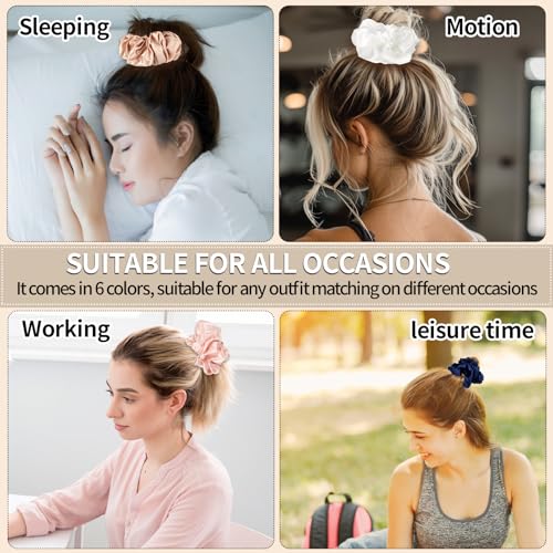 Large Silk Scrunchies for Women - 6PCS Satin Hair Ties Oversized, No Damage Hair Bands Gentle for Thick/Long Hair, Soft & Comfortable for Sleeping, Gym, Travel (Red/Black/Brown)