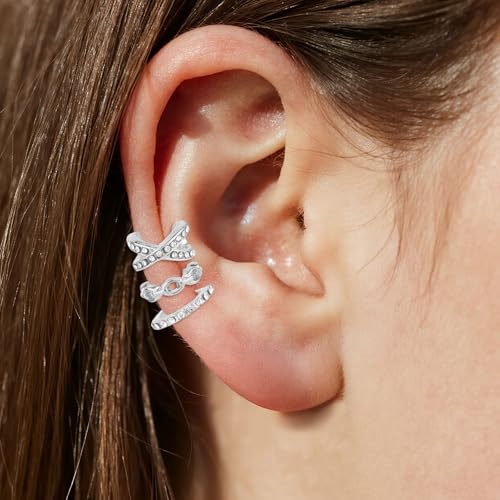 12pcs Silver Ear Cuffs Non Piercing, Alloy Non Pierced Clip on Cartilage Adjustable Stylish Fake Earrings for Women