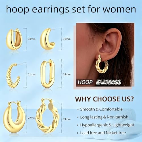 6 Pairs 14K Gold Plated Hoop Earrings Set for Women - Chunky Geometric & Twisted Huggie Hoops, Hypoallergenic Lightweight Earrings Bundle, Trendy Stackable Jewelry for Everyday Wear