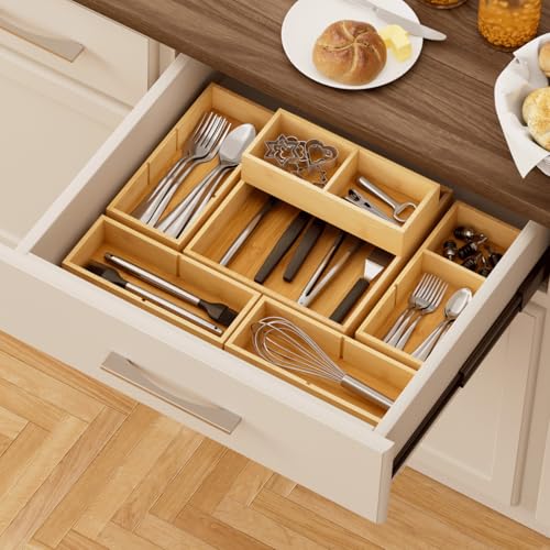 Lifewit Drawer Organizers 10 Pack(22 Grid) with 12 Inserts | Adjustable Bamboo Wooden Trays for Utensils, Silverware, Makeup, Kitchen, Bathroom, Office, Vanity Storage